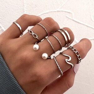 *CHARMAINE* 10-Pc Silver Irregular Geometric Hollow Design Fashion Ring Set